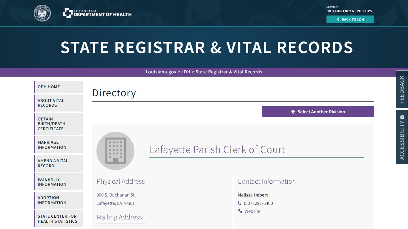 Lafayette Parish Clerk of Court | La Dept. of Health